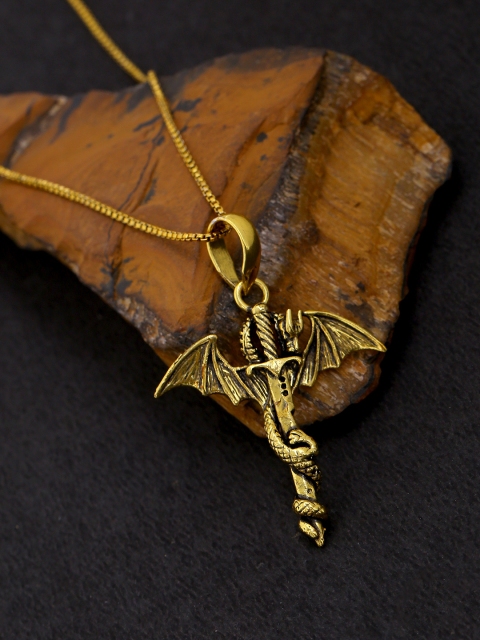 

Dare by Voylla Men Oxidised Gold-Plated Serpent & Cross-Shaped Pendant With Chain