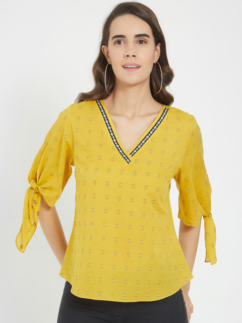 

Fusion Beats Women Yellow Printed A-Line Top
