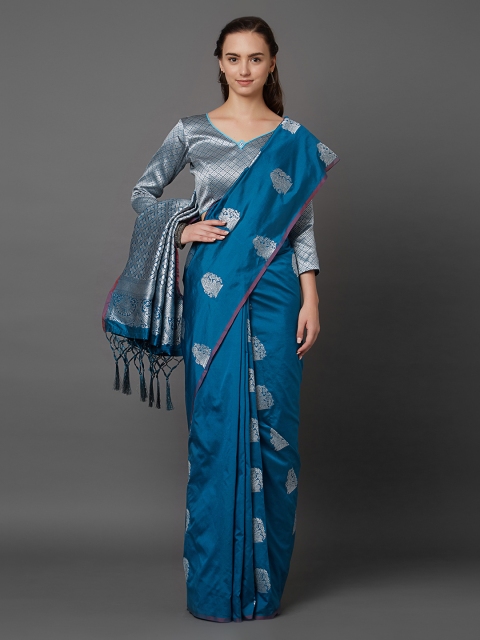 

Mitera Blue Silk Blend Printed Kanjeevaram Saree