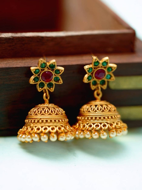 

Voylla Gold-Toned & Green Handcrafted Dome Shaped Jhumkas