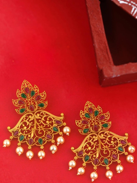 

Voylla Gold-Toned & Green Classic Drop Filigree Earrings