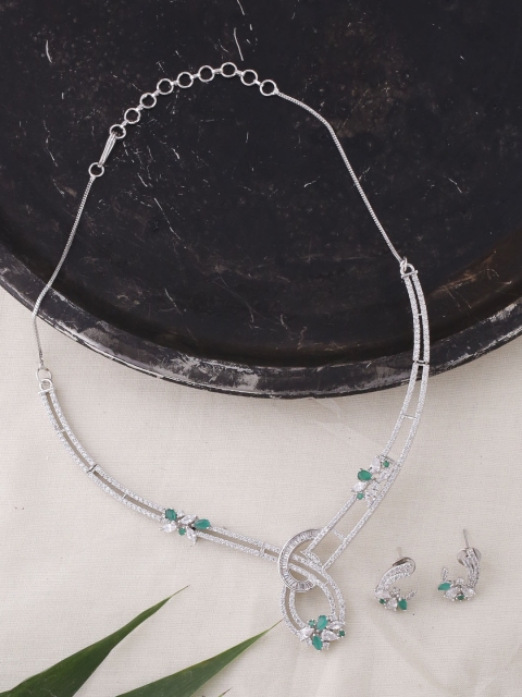 

Voylla Women Silver-Plated & Green CZ-Studded Jewellery Set