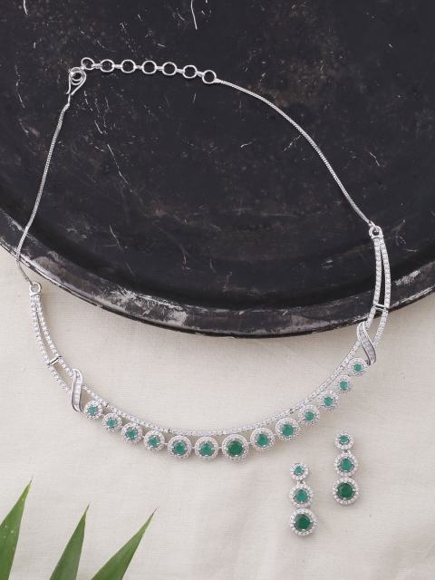 

Voylla Women Silver-Plated & Green CZ-Studded Jewellery Set