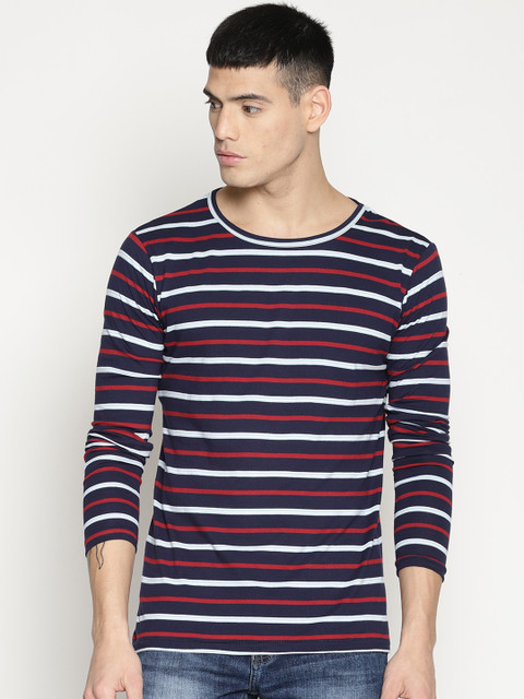

IMPACKT Men Navy Blue Striped Round Neck T-shirt