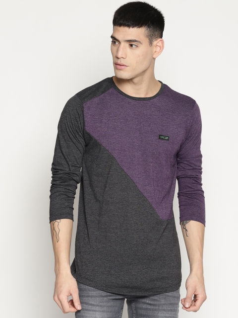 

IMPACKT Men Charcoal Grey & Purple Colourblocked Round Neck T-shirt