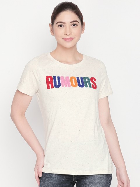 

Honey by Pantaloons Women Cream-Coloured Appliqued Pure Cotton T-shirt