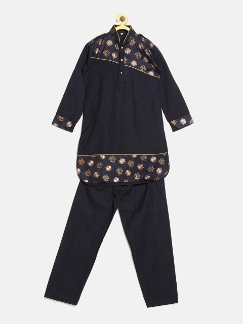 

La Bele Boys Navy Blue & Gold-Toned Embroidered Kurta with Pyjamas