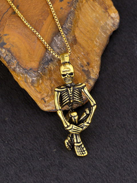 

Dare by Voylla Men Oxidised Gold-Plated Hanging Skeleton-Shaped Pendant With Chain