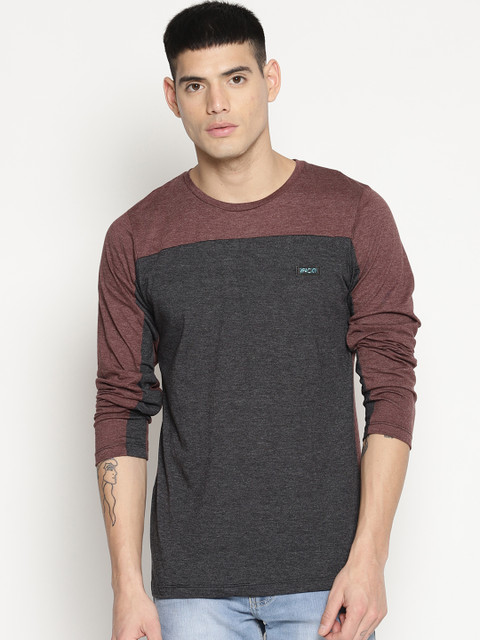 

IMPACKT Men Coffee Brown Colourblocked Round Neck T-shirt