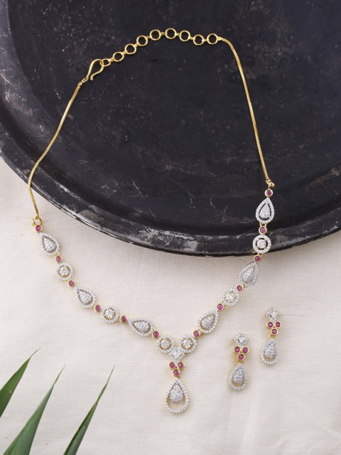 

Voylla Women Brass & Gold-Plated, White & Red CZ-Studded Jewellery Set