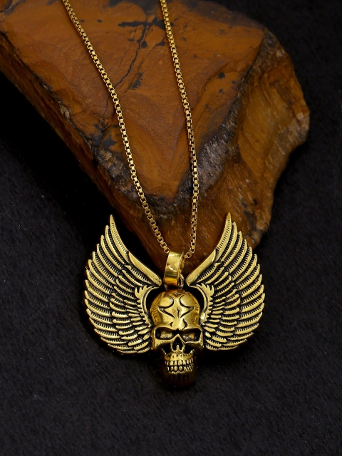 

Dare by Voylla Men Oxidised Brass-Plated Skull-Shaped Pendant With Chain, Gold