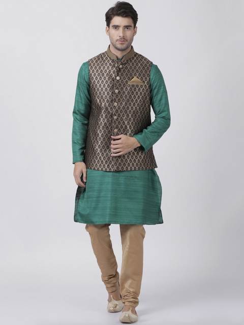 

VASTRAMAY Men Green & Black Self Design Kurta Pyjamas & Jacket
