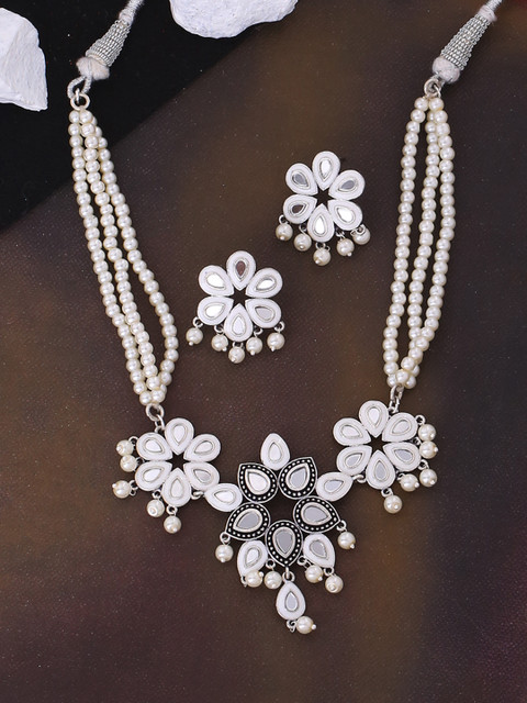 

Studio Voylla Women Oxidised Silver-Plated & White Pearl Embellished Jewellery Set