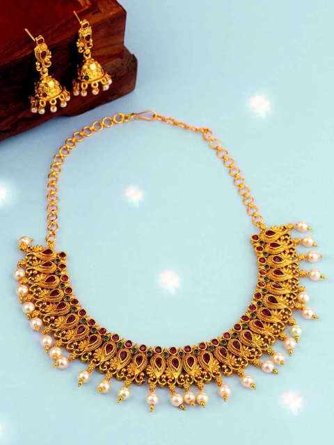 

Voylla Women Brass-Plated Gold-Toned Pearl & Stone-Studded Jewellery Set