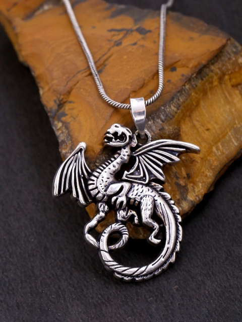 

Dare by Voylla Men Oxidised Silver-Plated Dragon-Shaped Pendant With Chain