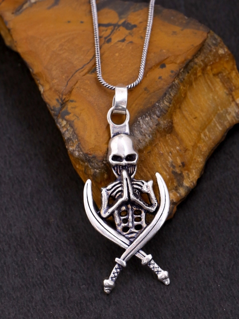

Dare by Voylla Men Oxidised Silver-Plated Skeleton & Sword-Shaped Pendant With Chain