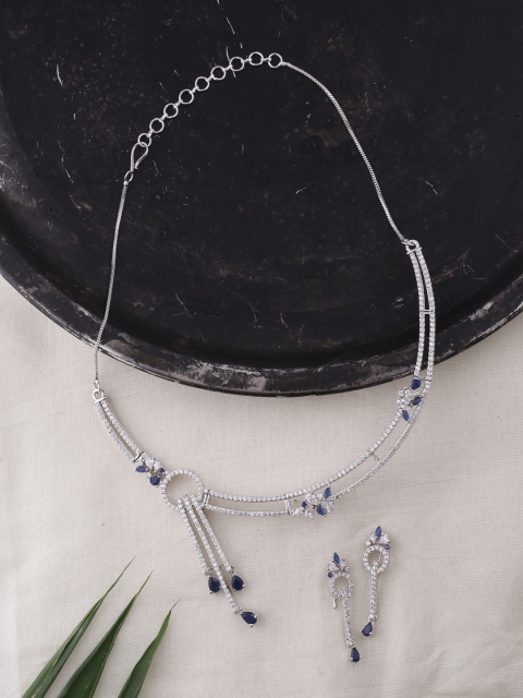 

Voylla Women Silver-Plated & Blue CZ-Studded Jewellery Set
