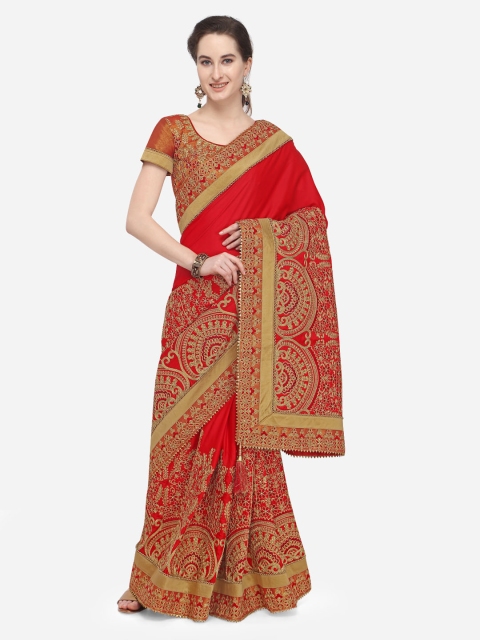 

Indian Women Red & Gold-Coloured Poly Georgette Embroidered Saree