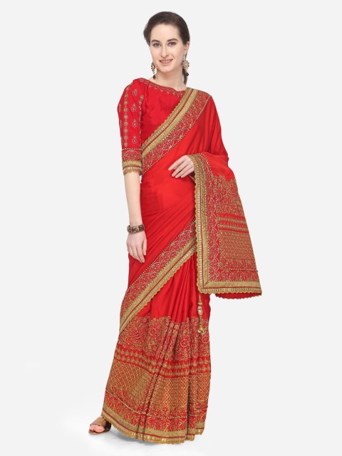 

Indian Women Red & Gold-Coloured Satin Embroidered Saree