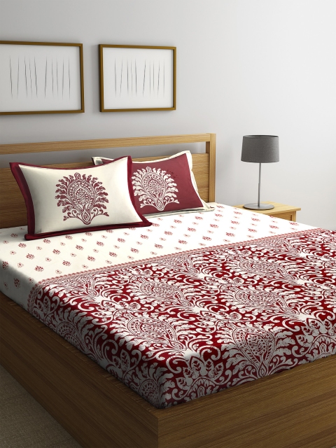 

SWHF Maroon & Off-White Ethnic Motifs 400 TC Cotton 1 King Bedsheet with 2 Pillow Covers
