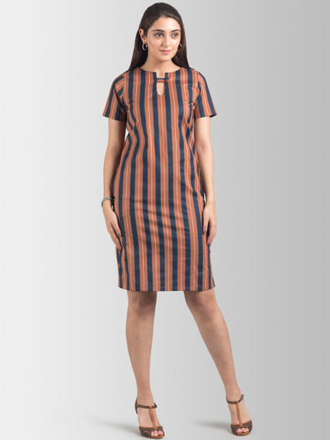 

FableStreet Women Rust Striped Sheath Dress