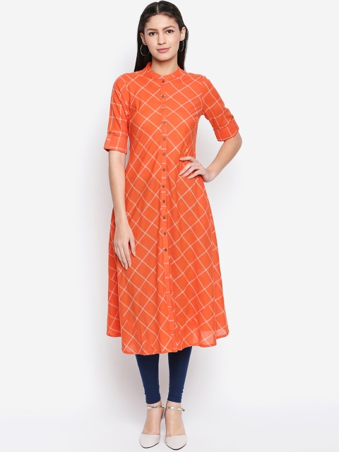 

RANGMANCH BY PANTALOONS Women Orange Checked A-Line Kurta