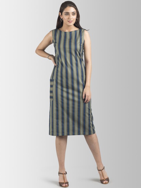 

FableStreet Women Olive Green Striped Sheath Dress
