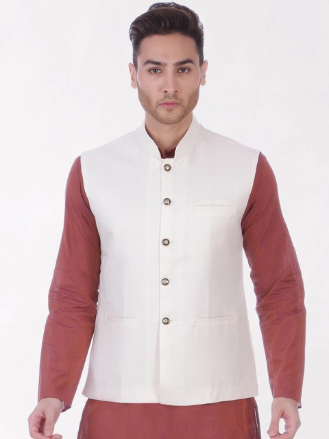 

RAJUBHAI HARGOVINDAS Men Off White Solid Nehru Jacket