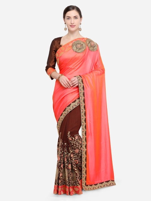 

Indian Women Pink & Brown Pure Silk Embroidered Saree