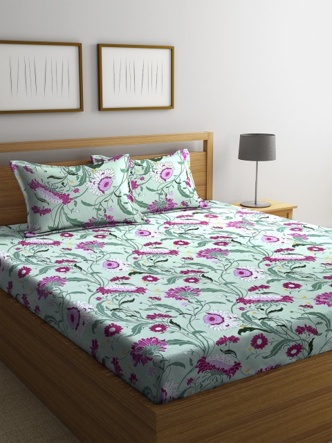 

SWHF Green & Pink Floral 180 TC Cotton 1 Queen Bedsheet with 2 Pillow Covers