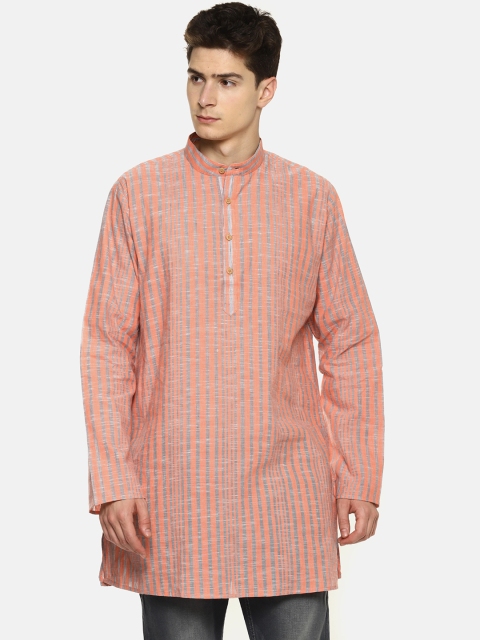 

TATTVA Men Peach-Coloured & Grey Striped Straight Kurta