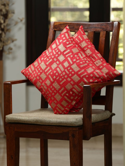 

ExclusiveLane Red & Golden Set of 2 Geometric Square Cushion Covers