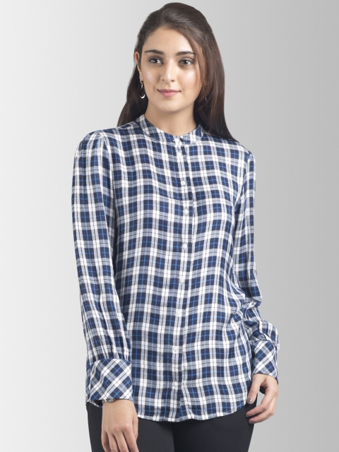 

FableStreet Women Navy Blue Skinny Fit Checked Formal Shirt
