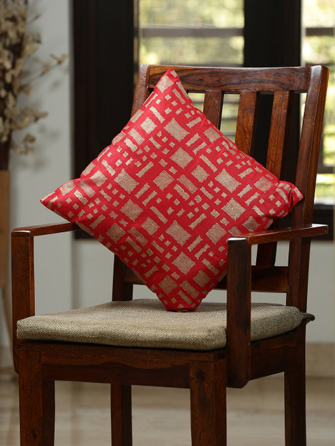 

ExclusiveLane Red & Golden Single Hand-Block Geometric Square Cushion Cover