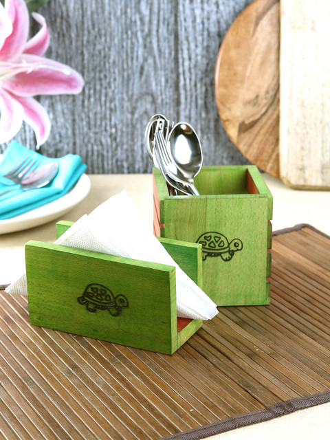 

VarEesha Red & Green 2-Pieces Printed Wood Tissue Holder & Cutlery Holder Set