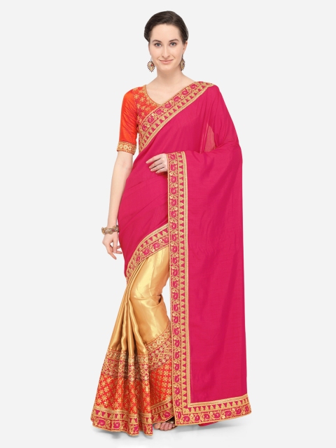 

Indian Women Magenta & Gold-Toned Poly Georgette Solid Saree