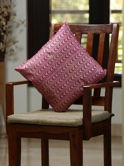 

ExclusiveLane Magenta & Golden Single Hand Block Print Geometric Square Cushion Cover