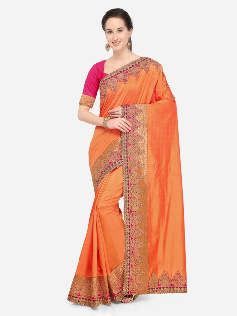 

Indian Women Orange Embroidered Poly Silk Saree