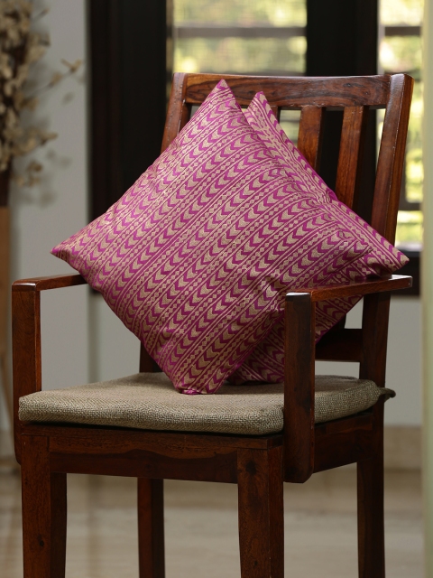 

ExclusiveLane Magenta & Golden Set of 2 Geometric Square Cushion Covers
