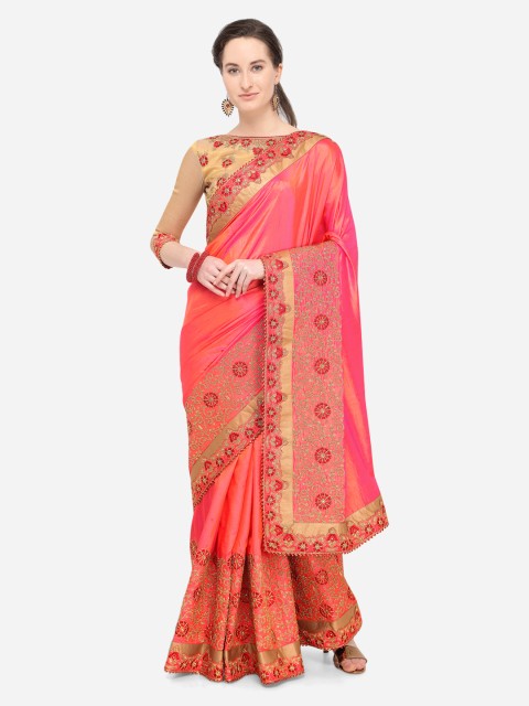 

Indian Women Pink & Orange Poly Silk Embroidered Saree