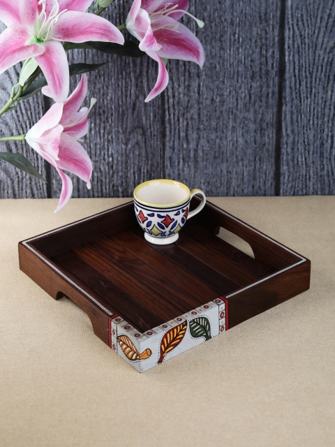 VarEesha Brown Wooden Red Leaf Square Serving Tray
