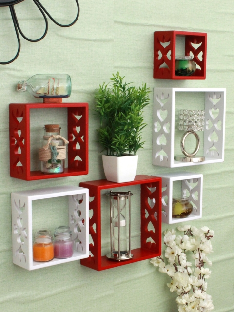 

Home Sparkle Red & White Set of 6 MDF Basic Wall Shelves
