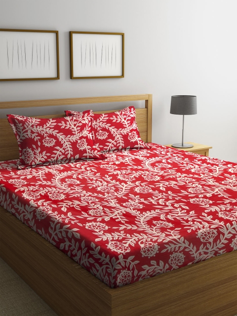 

SWHF Red Floral 180 TC Cotton 1 Queen Bedsheet with 2 Pillow Covers