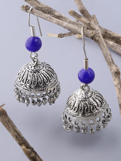 

Voylla Blue & Silver-Plated Oxidised Dome Shaped Jhumkas
