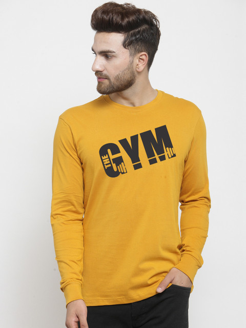 

Friskers Men Mustard Yellow Printed Round Neck Slim Fit T-shirt
