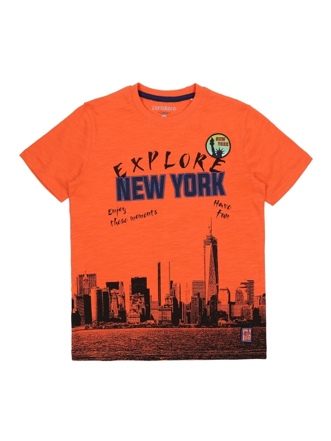 

Pantaloons Junior Boys Orange Printed Round Neck Pure Cotton T-shirt