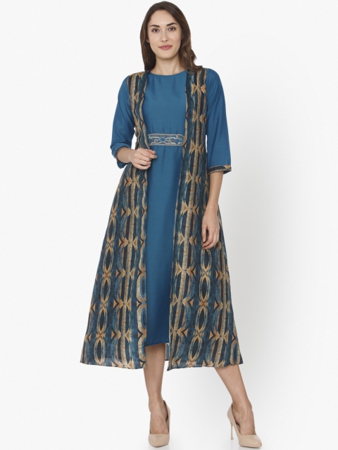

RAISIN Women Blue Printed A-Line Silk Dress