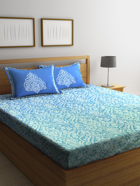 

SWHF Blue & Green Floral 600 TC Cotton 1 King Bedsheet with 2 Pillow Covers