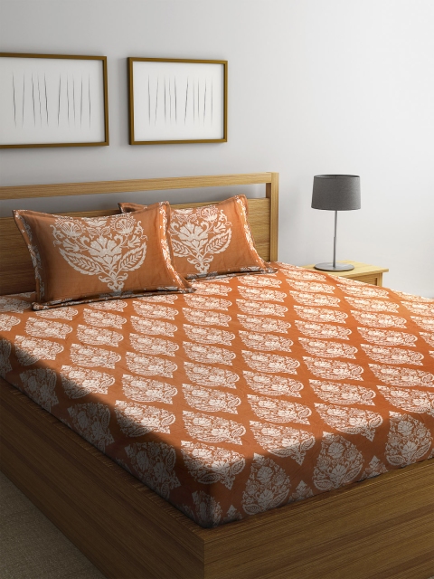 

SWHF Orange Floral 600 TC Cotton 1 King Bedsheet with 2 Pillow Covers