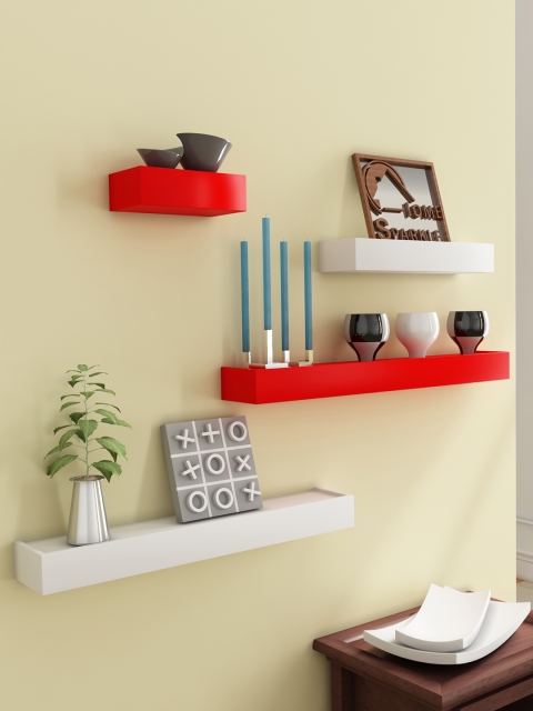 

Home Sparkle Red & White Set of 4 MDF Basic Wall Shelves